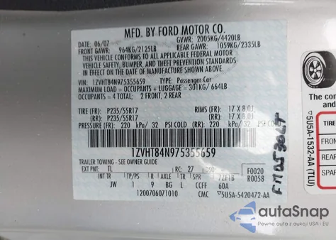 2007 Ford Mustang z USA, uszkodzony, nr VIN 1ZVHT84N975355659